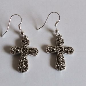 Ornate Silver Toned Iron Cross Earrings